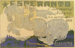Imatge: Cartell del V Congrés Universal d’Esperanto del 1909, obra d’Apa (pseudònim del dibuixant  Feliu Elies).